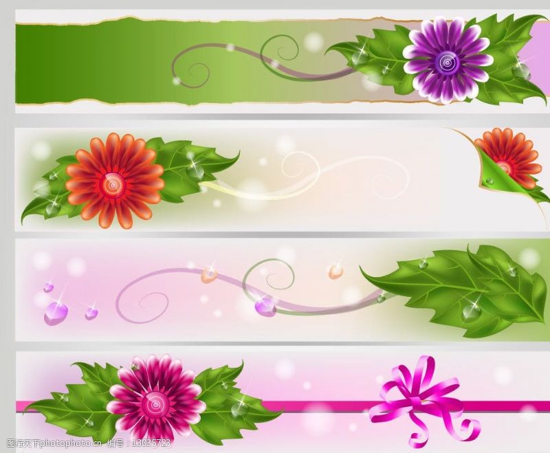 花纹花卉横幅绿叶鲜花横幅背景图片