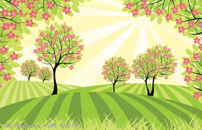 春天的背景春天的田野绿树鲜花图片