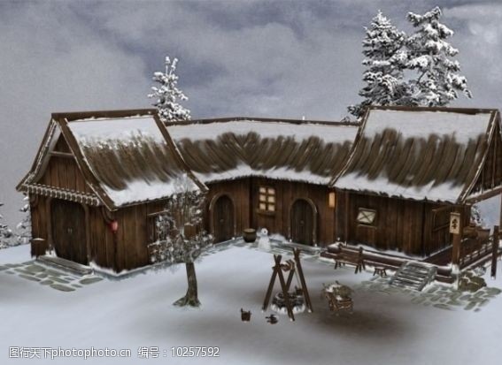 房屋模型飘雪得木屋3D模型图片