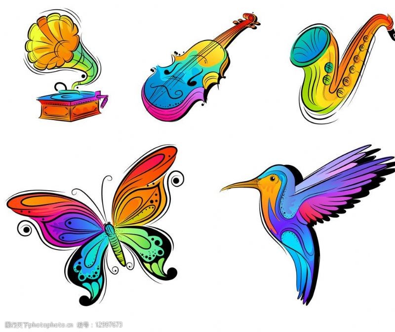 吉它手绘蝴蝶小鸟音乐器材图片