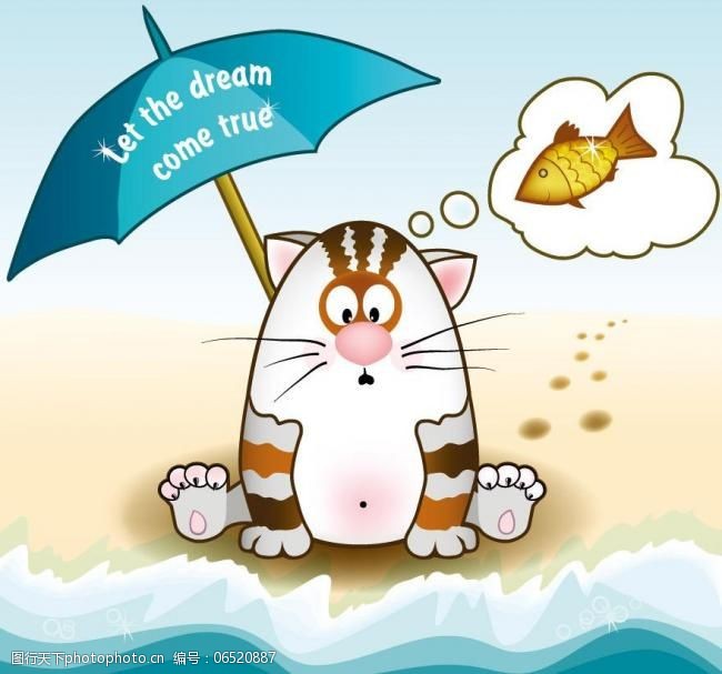 卡通沙滩上想吃鱼的小猫图片