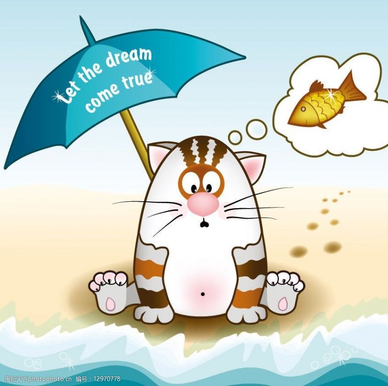 卡通沙滩上想吃鱼的小猫图片