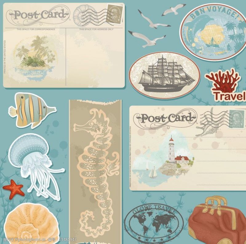 时尚邮票贴纸怀旧海洋元素